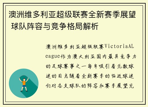 澳洲维多利亚超级联赛全新赛季展望 球队阵容与竞争格局解析